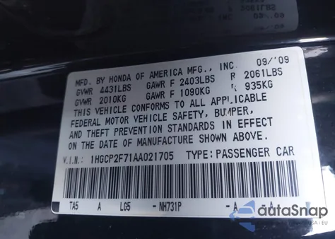 2010 Honda Accord 2.4 Ex from USA, damaged, VIN 1HGCP2F71AA021705